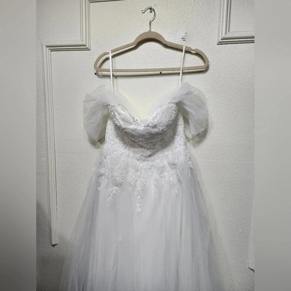 Lulus Blissfully Romantic White Tulle Off-the-Shoulder Maxi Dress Bridal Wedding - Picture 7 of 11
